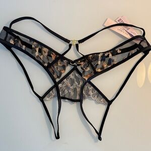 Victoria's Secret Black Strappy Thong with Leopard Lace Accents